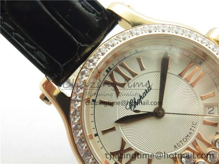 HAPPY SPORT AUTOMATIC RG 36MM CRYSTAL YYF 1:1 BEST EDITION WHITE DIAL ON BLACK LEATHER STRAP A2892