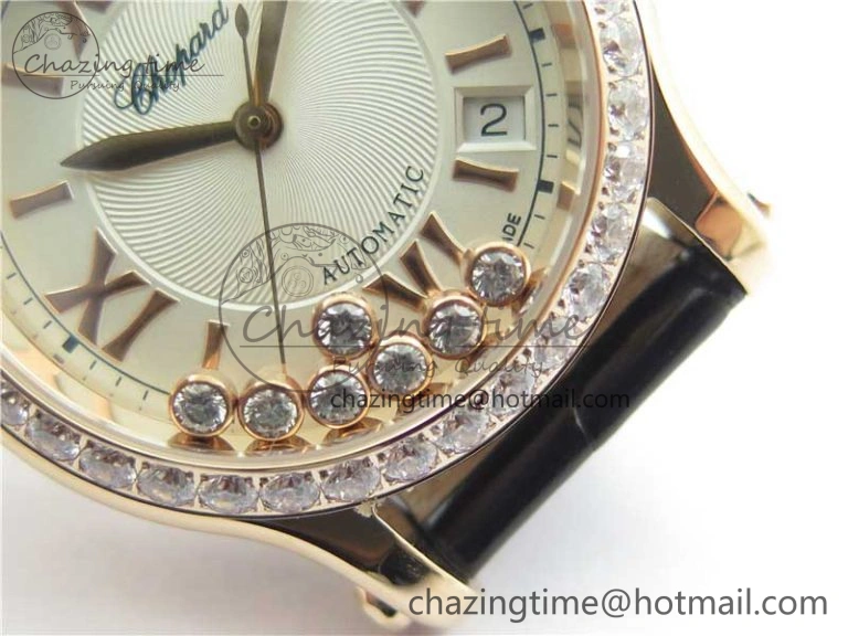 HAPPY SPORT AUTOMATIC RG 36MM CRYSTAL YYF 1:1 BEST EDITION WHITE DIAL ON BLACK LEATHER STRAP A2892