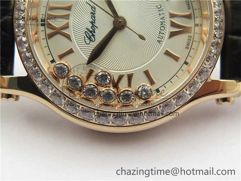 HAPPY SPORT AUTOMATIC RG 36MM CRYSTAL YYF 1:1 BEST EDITION WHITE DIAL ON BLACK LEATHER STRAP A2892