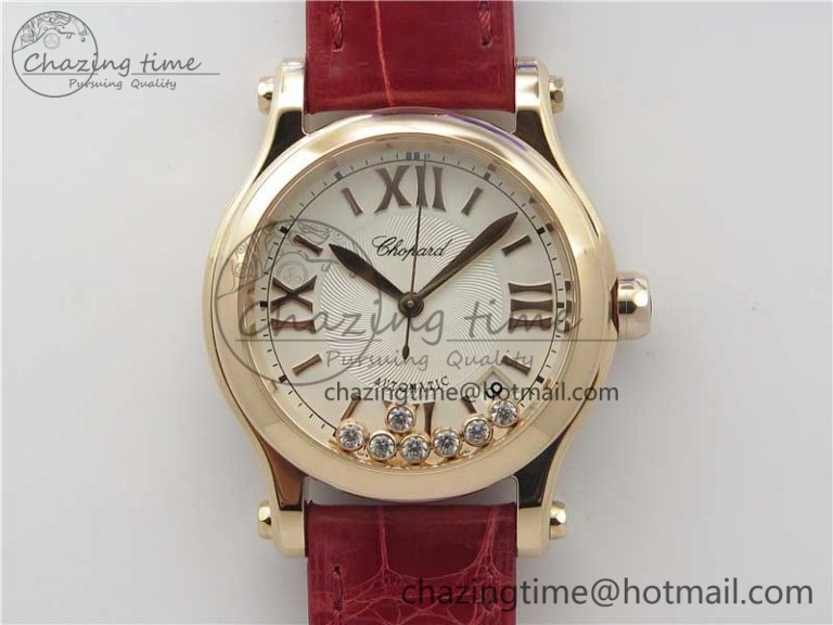 HAPPY SPORT AUTOMATIC RG 36MM CRYSTAL YYF 1:1 BEST EDITION WHITE DIAL ON BLACK LEATHER STRAP A2892