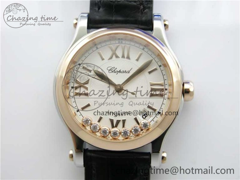 HAPPY SPORT AUTOMATIC RG 36MM CRYSTAL YYF 1:1 BEST EDITION WHITE DIAL ON BLACK LEATHER STRAP A2892