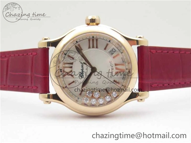 HAPPY SPORT AUTOMATIC RG 36MM YYF 1:1 BEST EDITION WHITE DIAL ON RED LEATHER STRAP A2892