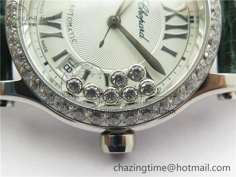 HAPPY SPORT AUTOMATIC SS 36MM CRYSTAL YYF 1:1 BEST EDITION WHITE DIAL ON GREEN LEATHER STRAP A2892