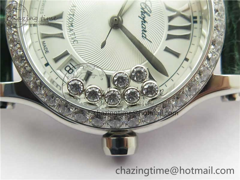 HAPPY SPORT AUTOMATIC SS 36MM CRYSTAL YYF 1:1 BEST EDITION WHITE DIAL ON GREEN LEATHER STRAP A2892