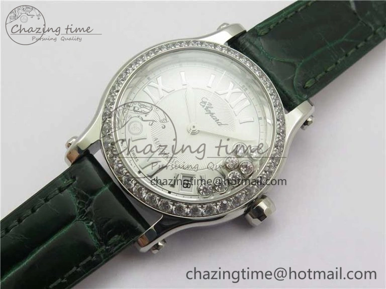 HAPPY SPORT AUTOMATIC SS 36MM CRYSTAL YYF 1:1 BEST EDITION WHITE DIAL ON GREEN LEATHER STRAP A2892