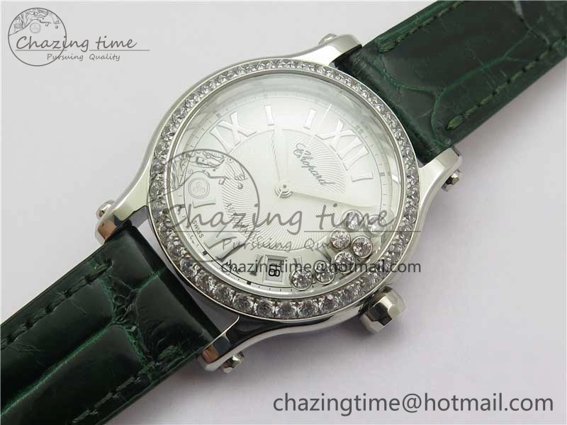 HAPPY SPORT AUTOMATIC SS 36MM CRYSTAL YYF 1:1 BEST EDITION WHITE DIAL ON GREEN LEATHER STRAP A2892