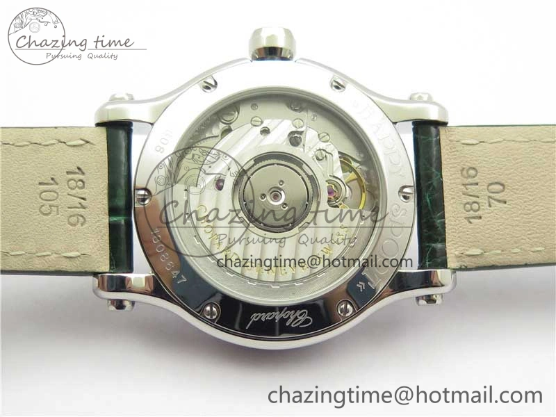 HAPPY SPORT AUTOMATIC SS 36MM CRYSTAL YYF 1:1 BEST EDITION WHITE DIAL ON GREEN LEATHER STRAP A2892