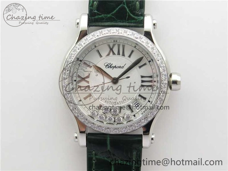 HAPPY SPORT AUTOMATIC SS 36MM CRYSTAL YYF 1:1 BEST EDITION WHITE DIAL ON GREEN LEATHER STRAP A2892