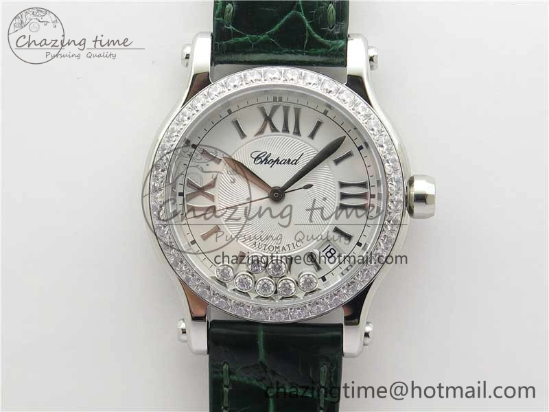 HAPPY SPORT AUTOMATIC SS 36MM CRYSTAL YYF 1:1 BEST EDITION WHITE DIAL ON GREEN LEATHER STRAP A2892