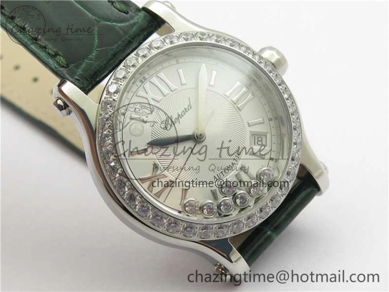 HAPPY SPORT AUTOMATIC SS 36MM CRYSTAL YYF 1:1 BEST EDITION WHITE DIAL ON GREEN LEATHER STRAP A2892