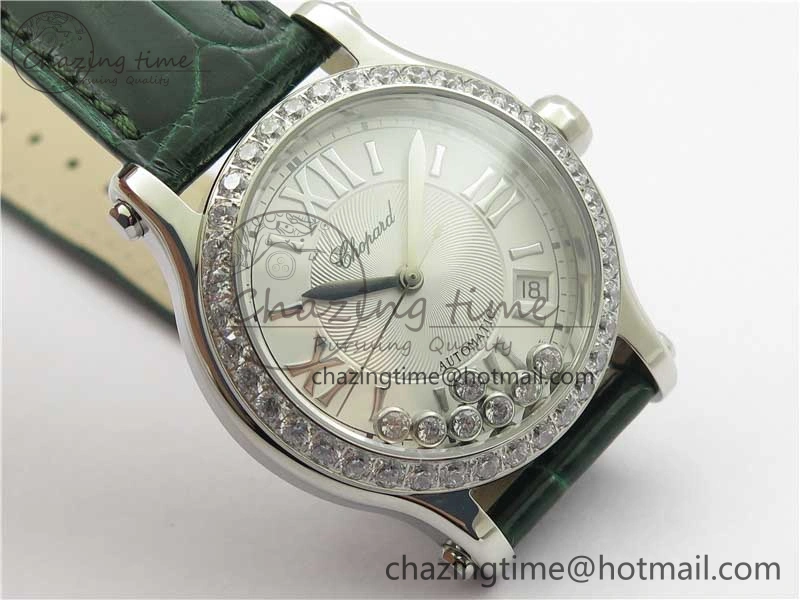 HAPPY SPORT AUTOMATIC SS 36MM CRYSTAL YYF 1:1 BEST EDITION WHITE DIAL ON GREEN LEATHER STRAP A2892