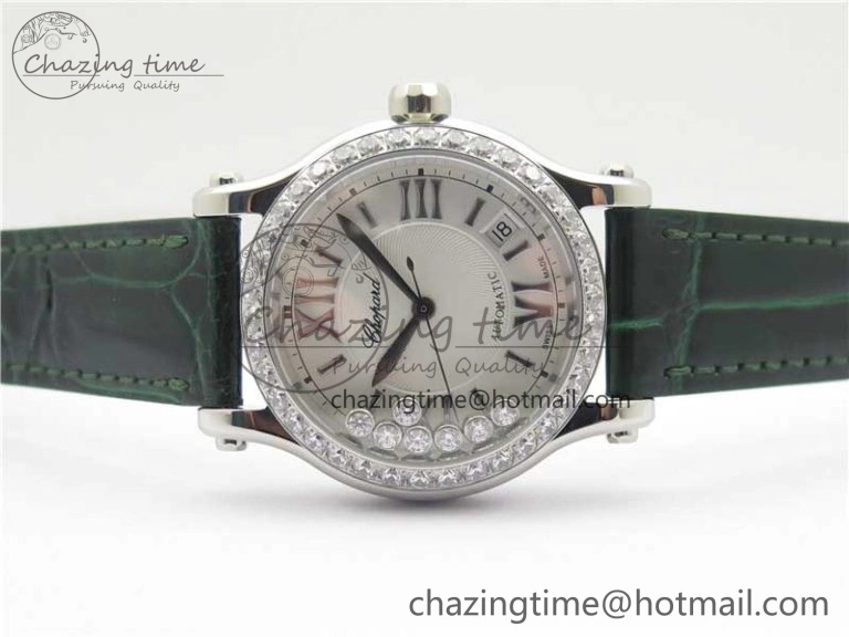 HAPPY SPORT AUTOMATIC SS 36MM CRYSTAL YYF 1:1 BEST EDITION WHITE DIAL ON GREEN LEATHER STRAP A2892
