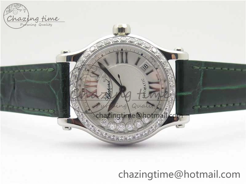 HAPPY SPORT AUTOMATIC SS 36MM CRYSTAL YYF 1:1 BEST EDITION WHITE DIAL ON GREEN LEATHER STRAP A2892