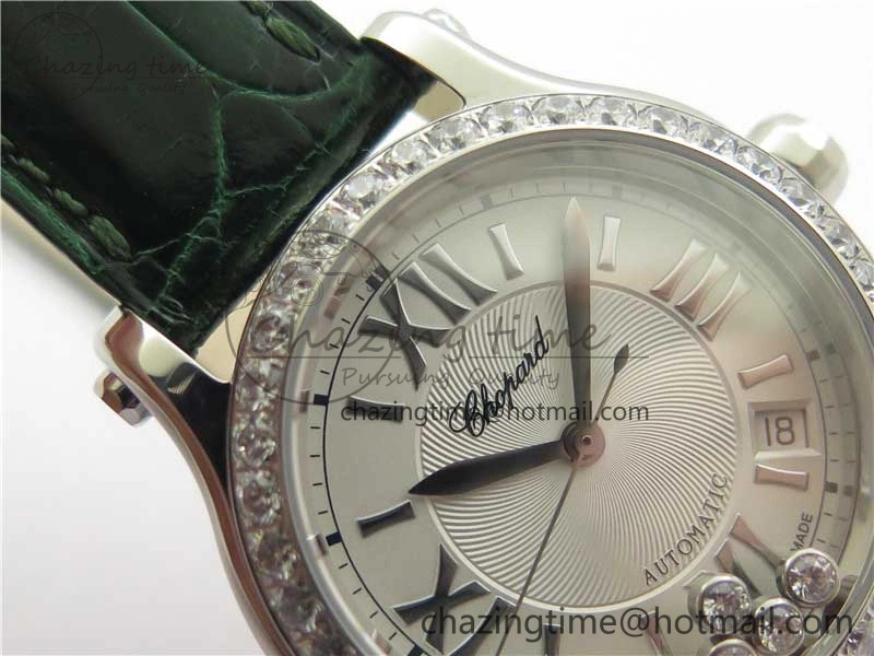 HAPPY SPORT AUTOMATIC SS 36MM CRYSTAL YYF 1:1 BEST EDITION WHITE DIAL ON GREEN LEATHER STRAP A2892