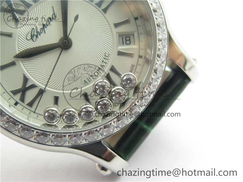 HAPPY SPORT AUTOMATIC SS 36MM CRYSTAL YYF 1:1 BEST EDITION WHITE DIAL ON GREEN LEATHER STRAP A2892