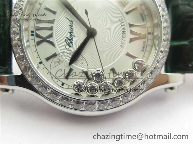 HAPPY SPORT AUTOMATIC SS 36MM CRYSTAL YYF 1:1 BEST EDITION WHITE DIAL ON GREEN LEATHER STRAP A2892