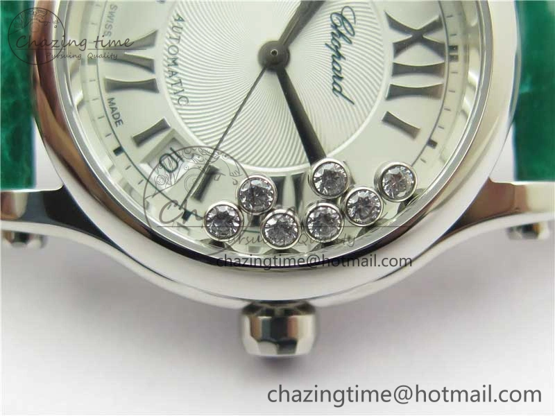 HAPPY SPORT AUTOMATIC SS 36MM YYF 1:1 BEST EDITION WHITE DIAL ON GREEN LEATHER STRAP A2892