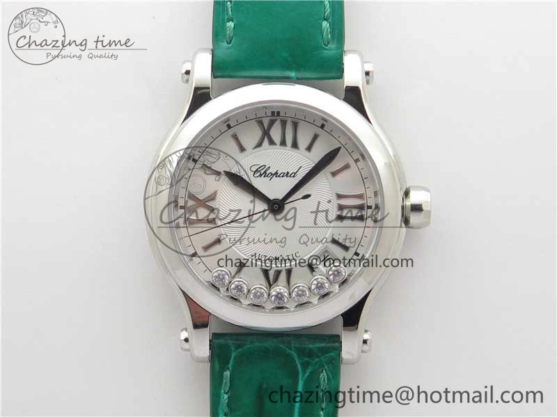 HAPPY SPORT AUTOMATIC SS 36MM YYF 1:1 BEST EDITION WHITE DIAL ON GREEN LEATHER STRAP A2892
