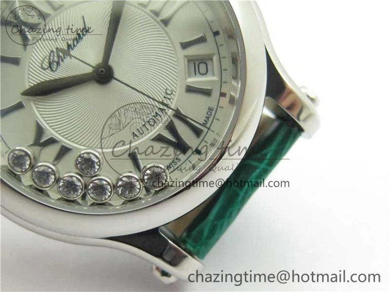 HAPPY SPORT AUTOMATIC SS 36MM YYF 1:1 BEST EDITION WHITE DIAL ON GREEN LEATHER STRAP A2892