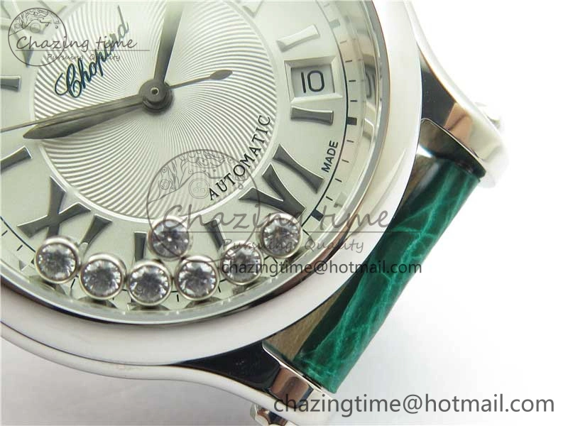HAPPY SPORT AUTOMATIC SS 36MM YYF 1:1 BEST EDITION WHITE DIAL ON GREEN LEATHER STRAP A2892