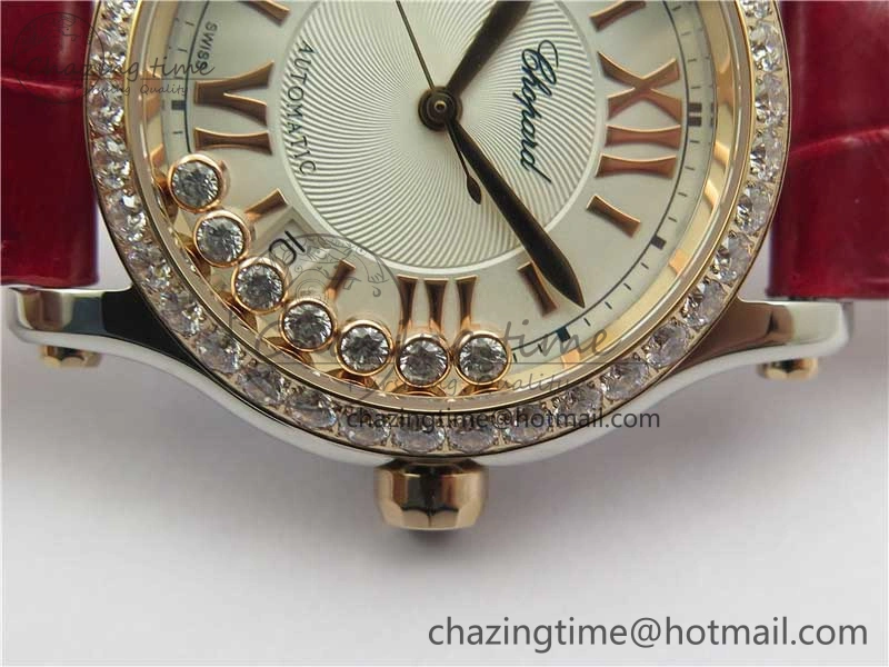 HAPPY SPORT AUTOMATIC SS RG 36MM CRYSTAL YYF 1:1 BEST EDITION WHITE DIAL ON RED LEATHER STRAP A2892