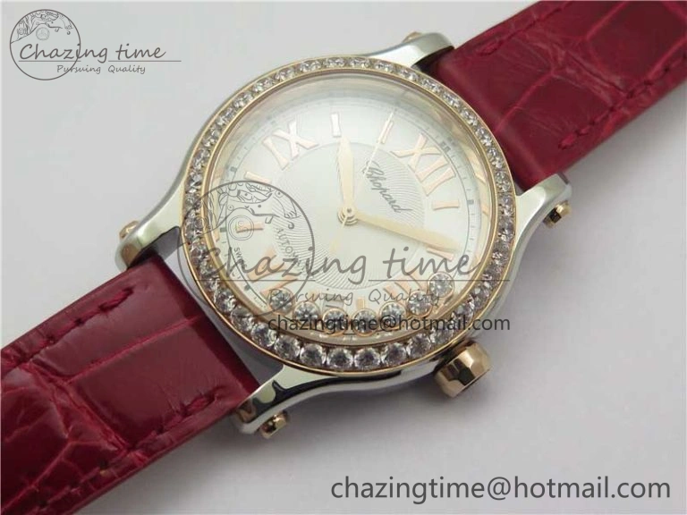 HAPPY SPORT AUTOMATIC SS RG 36MM CRYSTAL YYF 1:1 BEST EDITION WHITE DIAL ON RED LEATHER STRAP A2892