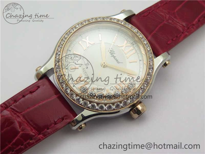 HAPPY SPORT AUTOMATIC SS RG 36MM CRYSTAL YYF 1:1 BEST EDITION WHITE DIAL ON RED LEATHER STRAP A2892