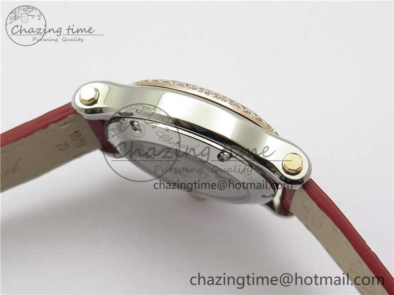 HAPPY SPORT AUTOMATIC SS RG 36MM CRYSTAL YYF 1:1 BEST EDITION WHITE DIAL ON RED LEATHER STRAP A2892