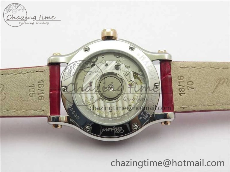 HAPPY SPORT AUTOMATIC SS RG 36MM CRYSTAL YYF 1:1 BEST EDITION WHITE DIAL ON RED LEATHER STRAP A2892