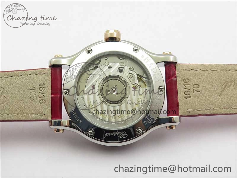 HAPPY SPORT AUTOMATIC SS RG 36MM CRYSTAL YYF 1:1 BEST EDITION WHITE DIAL ON RED LEATHER STRAP A2892