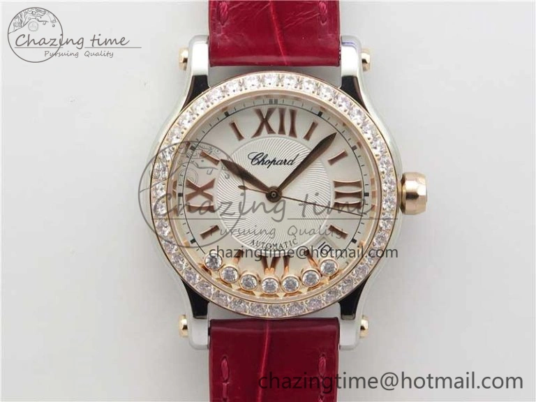 HAPPY SPORT AUTOMATIC SS RG 36MM CRYSTAL YYF 1:1 BEST EDITION WHITE DIAL ON RED LEATHER STRAP A2892