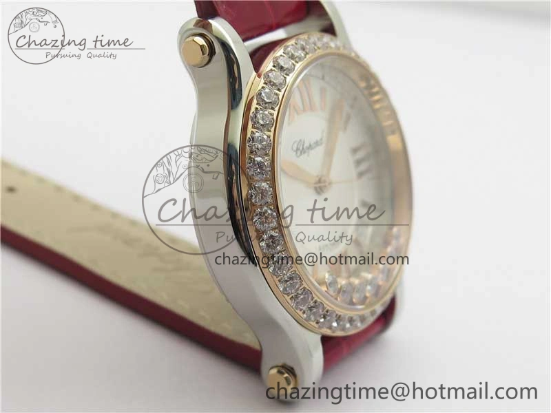 HAPPY SPORT AUTOMATIC SS RG 36MM CRYSTAL YYF 1:1 BEST EDITION WHITE DIAL ON RED LEATHER STRAP A2892
