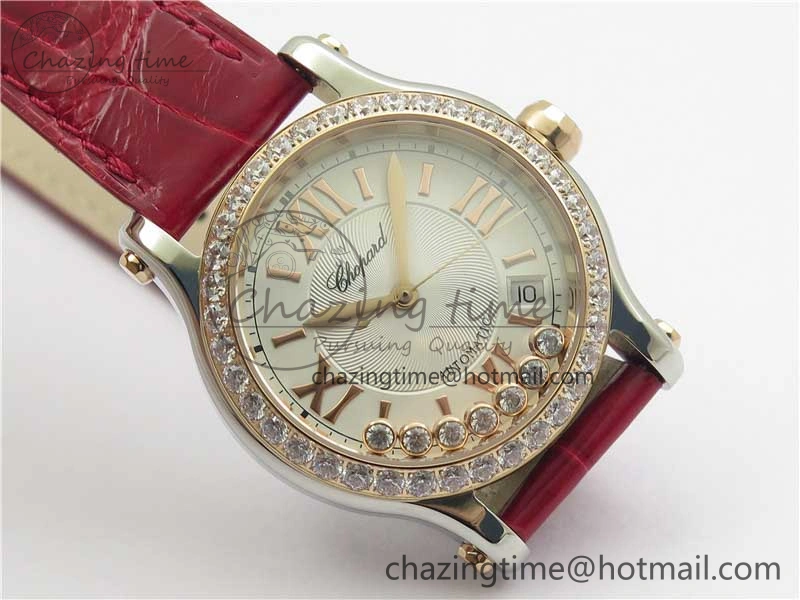 HAPPY SPORT AUTOMATIC SS RG 36MM CRYSTAL YYF 1:1 BEST EDITION WHITE DIAL ON RED LEATHER STRAP A2892