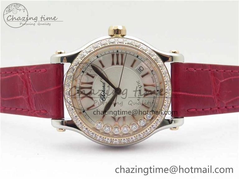 HAPPY SPORT AUTOMATIC SS RG 36MM CRYSTAL YYF 1:1 BEST EDITION WHITE DIAL ON RED LEATHER STRAP A2892