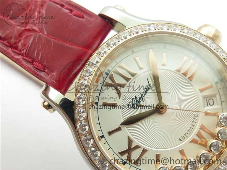 HAPPY SPORT AUTOMATIC SS RG 36MM CRYSTAL YYF 1:1 BEST EDITION WHITE DIAL ON RED LEATHER STRAP A2892