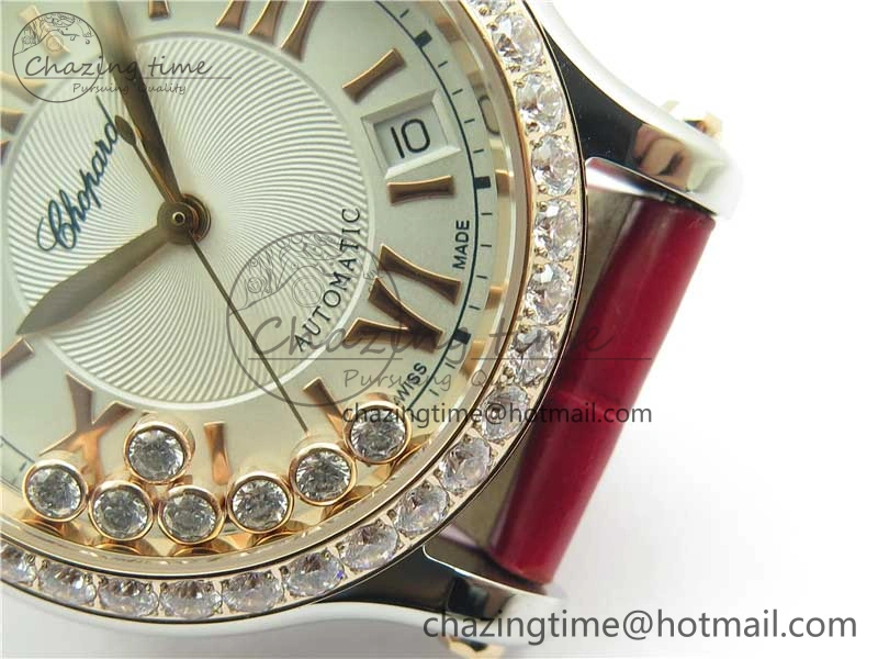 HAPPY SPORT AUTOMATIC SS RG 36MM CRYSTAL YYF 1:1 BEST EDITION WHITE DIAL ON RED LEATHER STRAP A2892