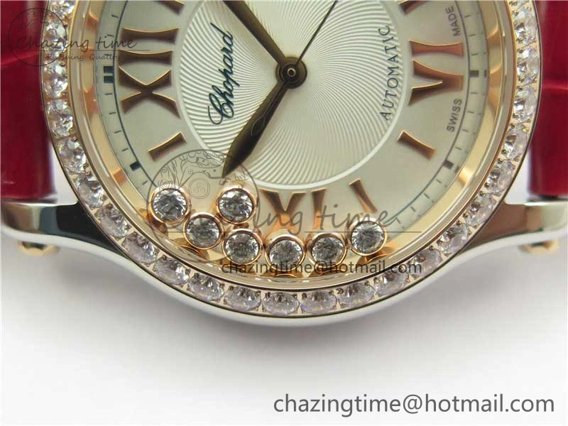 HAPPY SPORT AUTOMATIC SS RG 36MM CRYSTAL YYF 1:1 BEST EDITION WHITE DIAL ON RED LEATHER STRAP A2892