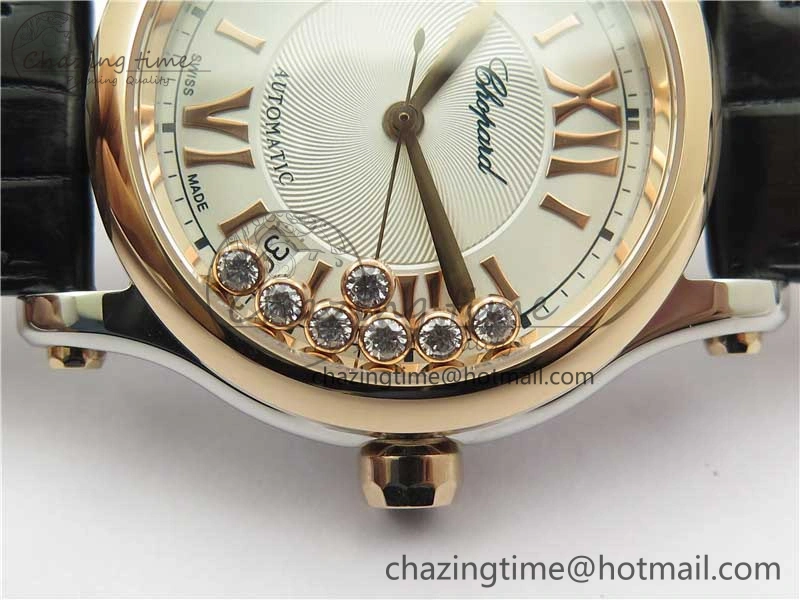 HAPPY SPORT AUTOMATIC SS RG 36MM YYF 1:1 BEST EDITION WHITE DIAL ON BLACK LEATHER STRAP A2892