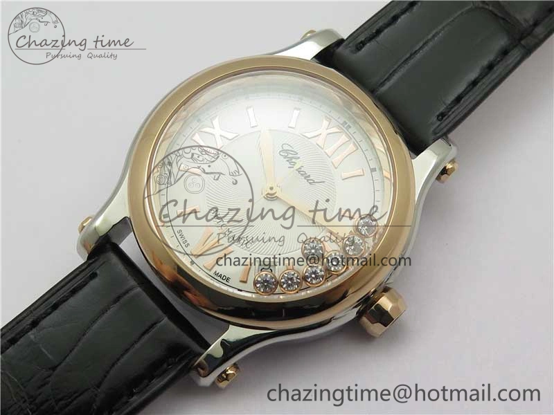 HAPPY SPORT AUTOMATIC SS RG 36MM YYF 1:1 BEST EDITION WHITE DIAL ON BLACK LEATHER STRAP A2892