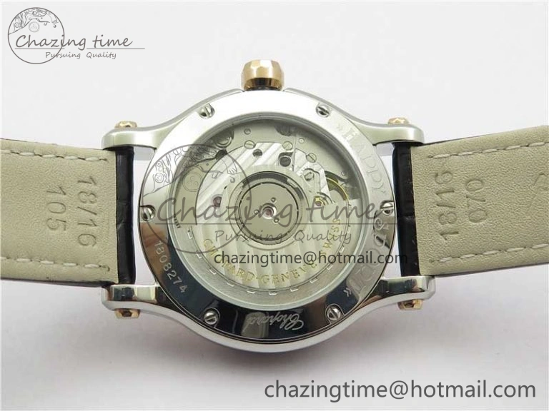 HAPPY SPORT AUTOMATIC SS RG 36MM YYF 1:1 BEST EDITION WHITE DIAL ON BLACK LEATHER STRAP A2892
