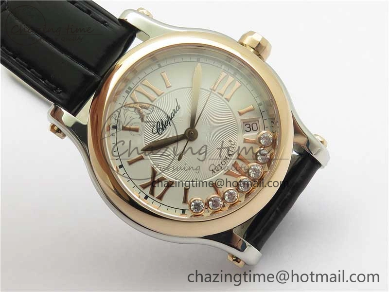 HAPPY SPORT AUTOMATIC SS RG 36MM YYF 1:1 BEST EDITION WHITE DIAL ON BLACK LEATHER STRAP A2892
