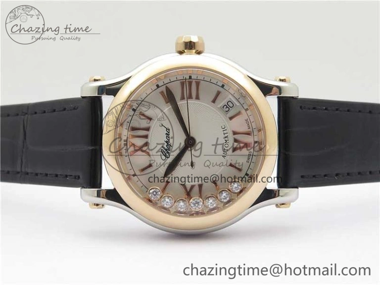 HAPPY SPORT AUTOMATIC SS RG 36MM YYF 1:1 BEST EDITION WHITE DIAL ON BLACK LEATHER STRAP A2892