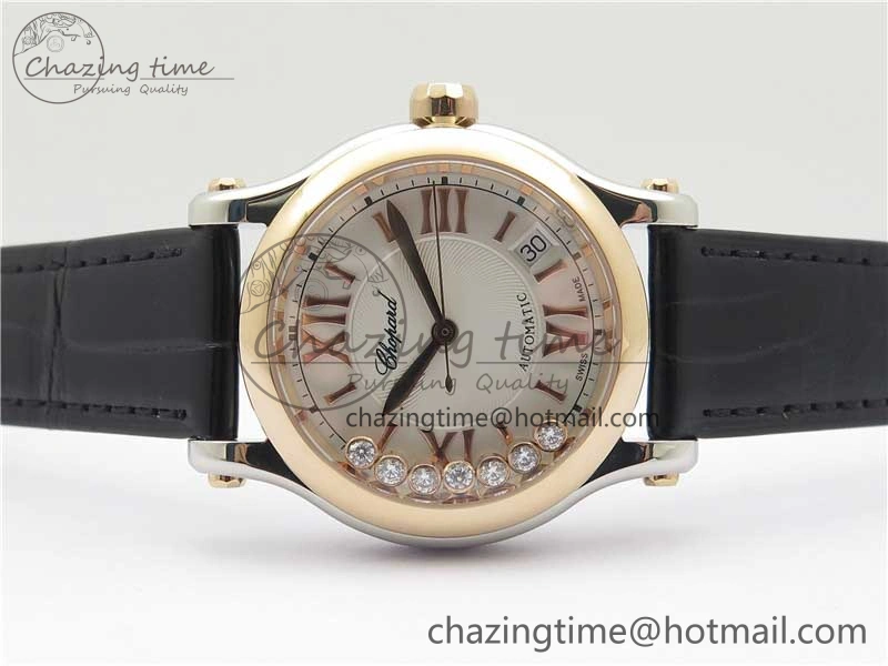 HAPPY SPORT AUTOMATIC SS RG 36MM YYF 1:1 BEST EDITION WHITE DIAL ON BLACK LEATHER STRAP A2892