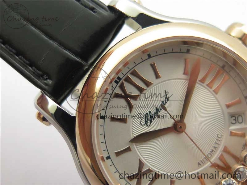 HAPPY SPORT AUTOMATIC SS RG 36MM YYF 1:1 BEST EDITION WHITE DIAL ON BLACK LEATHER STRAP A2892