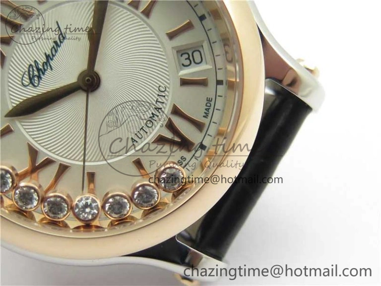 HAPPY SPORT AUTOMATIC SS RG 36MM YYF 1:1 BEST EDITION WHITE DIAL ON BLACK LEATHER STRAP A2892