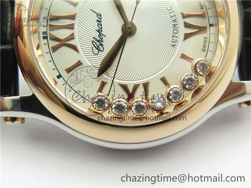 HAPPY SPORT AUTOMATIC SS RG 36MM YYF 1:1 BEST EDITION WHITE DIAL ON BLACK LEATHER STRAP A2892