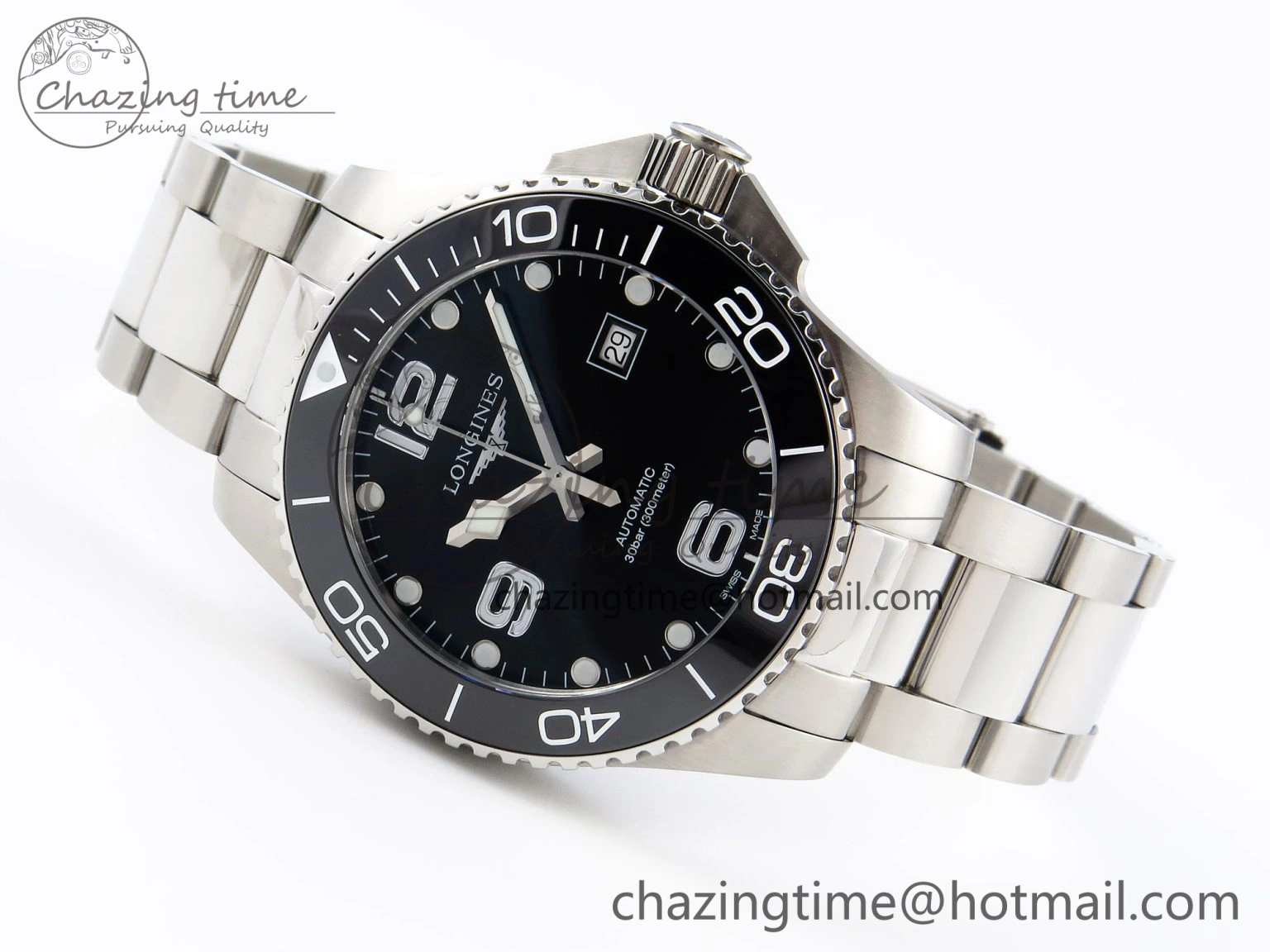 HYDROCONQUEST 43MM SS BLACK CERAMIC BEZEL XF 1:1 BEST EDITION BLACK DIAL ON SS BRACELET L888