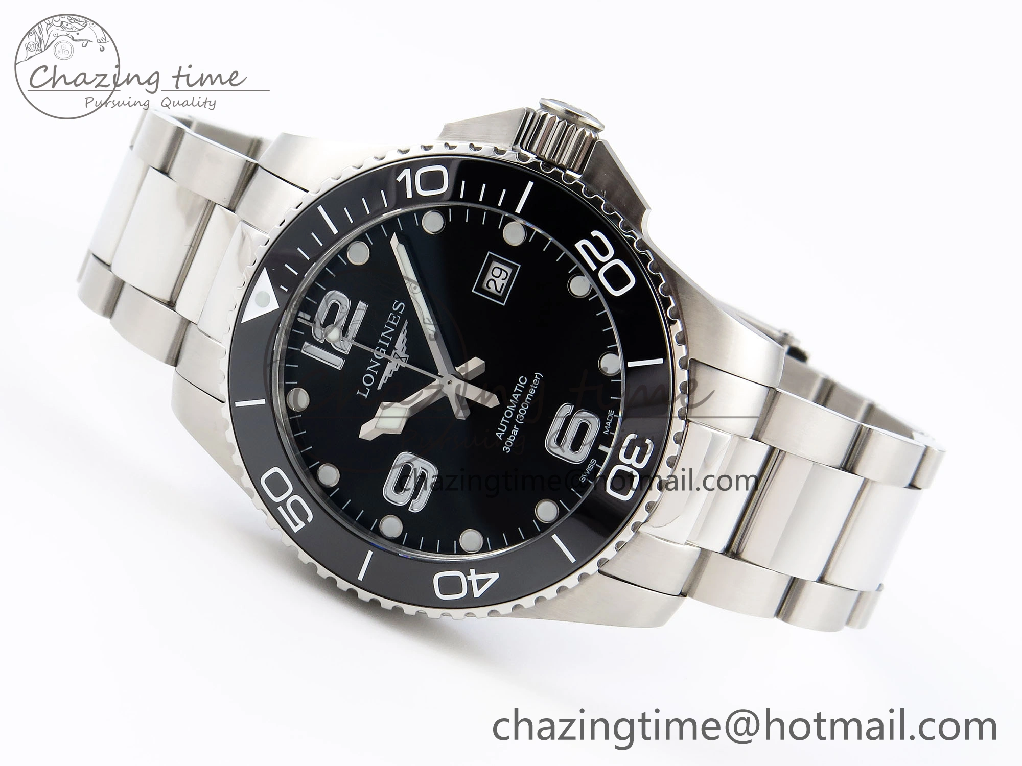 HYDROCONQUEST 43MM SS BLACK CERAMIC BEZEL XF 1:1 BEST EDITION BLACK DIAL ON SS BRACELET L888