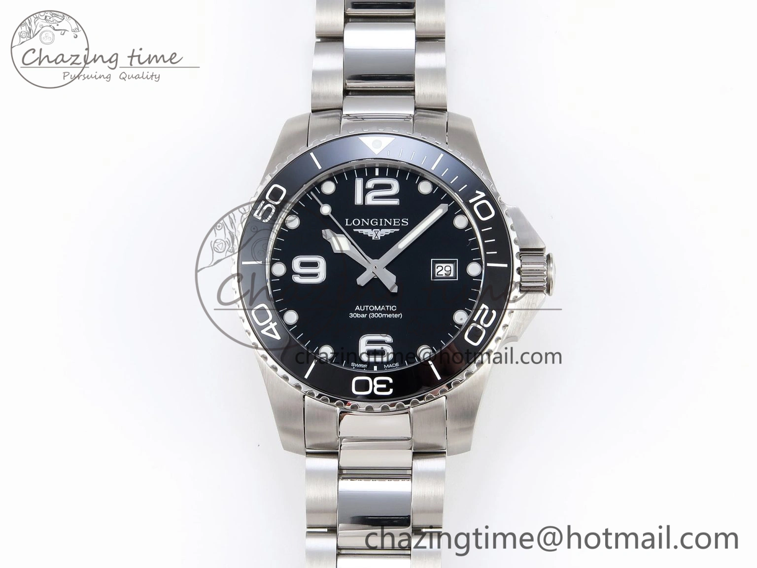 HYDROCONQUEST 43MM SS BLACK CERAMIC BEZEL XF 1:1 BEST EDITION BLACK DIAL ON SS BRACELET L888