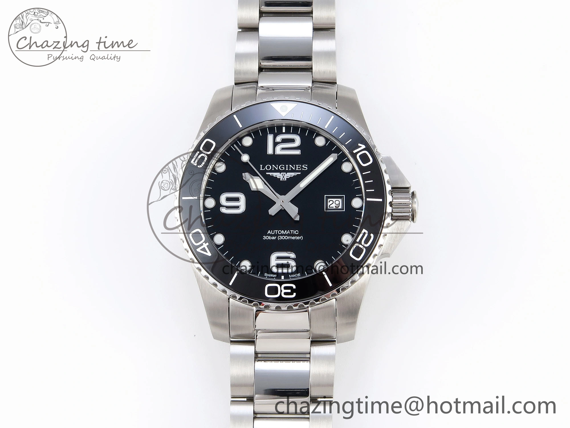 HYDROCONQUEST 43MM SS BLACK CERAMIC BEZEL XF 1:1 BEST EDITION BLACK DIAL ON SS BRACELET L888